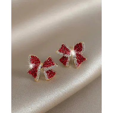 1Pair Christmas Rhinestone Bowknot Shaped Earrings