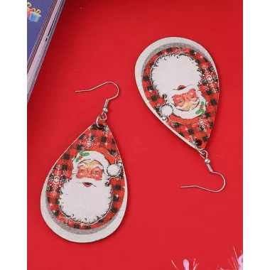 1Pair Christmas Santa Clause Plaid Waterdrop Hook Earrings