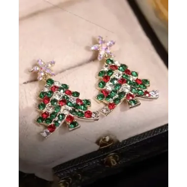 1Pair Colorful Rhinestone Christmas Tree Dangle Earrings