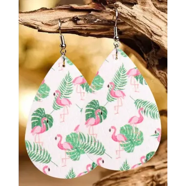 1Pair Flamingo Palm Leaf Print WaterDrop Hook Earrings