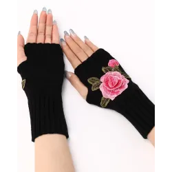 1Pair Floral Embroidery Fingerless Winter Knit Warm Gloves