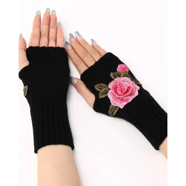 1Pair Floral Embroidery Fingerless Winter Knit Warm Gloves