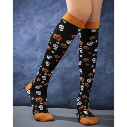 1Pair Halloween Pumpkin Skull Pattern Over The Knee Compression Socks