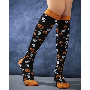 1Pair Halloween Pumpkin Skull Pattern Over The Knee Compression Socks