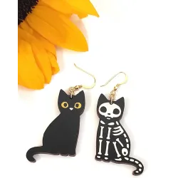 1Pair Halloween Skeleton Cat Wooden Drop Earrings