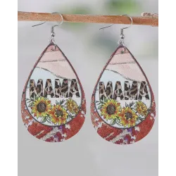 1Pair Mother\'s Day Mama Sunflower Leopard Print Waterdrop Earrings