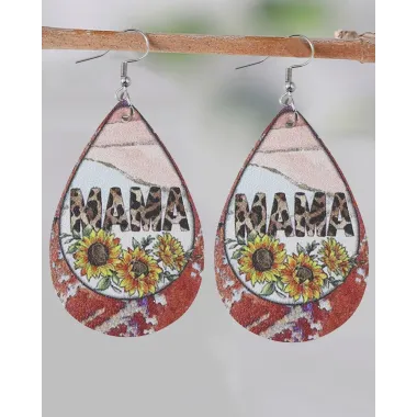 1Pair Mother's Day Mama Sunflower Leopard Print Waterdrop Earrings