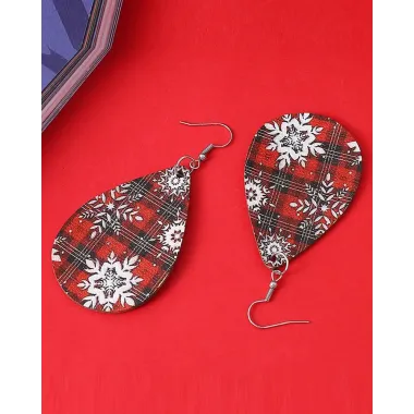 1Pair Plaid Christmas Snowflake Waterdrop Hook Earrings