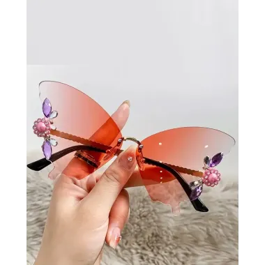 1Pair Rhinestone Butterfly Shaped Rimless Sunglasses