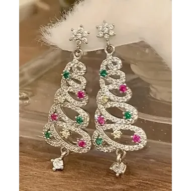 1Pair Rhinestone Hollow Christmas Tree Dangle Earrings