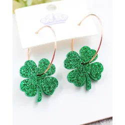 1Pair St. Patrick\'s Day Glitter Clover Hoop Earrings