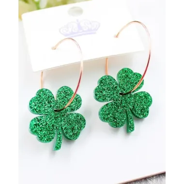 1Pair St. Patrick's Day Glitter Clover Hoop Earrings