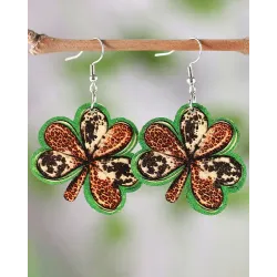 1Pair St. Patrick\'s Day Green Clover Leopard Earrings