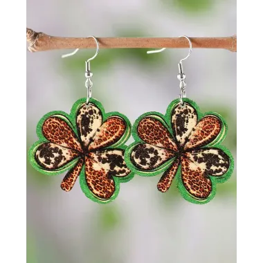 1Pair St. Patrick's Day Green Clover Leopard Earrings