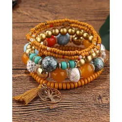 1pc Bohemian Beaded Hollow Out Geometric Tassel Multi-layer Bracelet