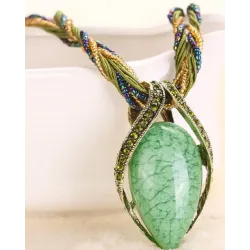 1pc Bohemian Oval Stone Braided Pendant Necklace