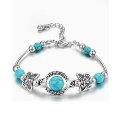 1pc Charm Vintage Jewelry Silver Natural Turquoise Women Girl Butterfly Bracelet Chain Beads Wedding Gift