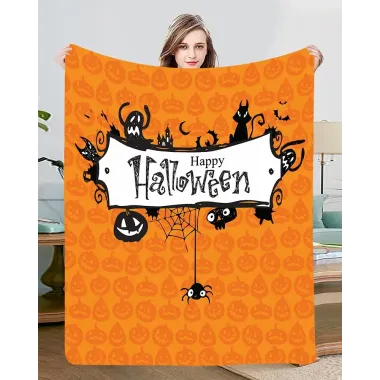 1pc Halloween Gift Cartoon Graphic Haunted House Silhouette Print Flannel Throw Blanket