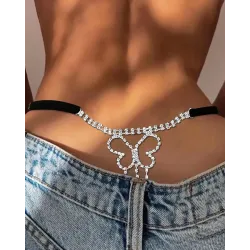 1pc Rhinestone Butterfly Chain Decor Hollow Out Thong Panty