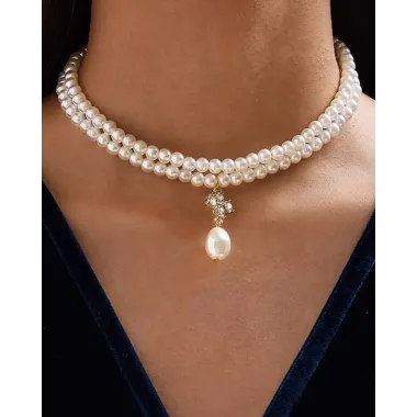 1pcs Double Layered Pearls Beaded Rhinestone Pendant Necklace