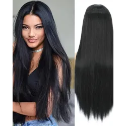 28 Inches Long Straight Lace Front Wig Synthetic Black Wig Glueless Lace Natural Looking Wigs