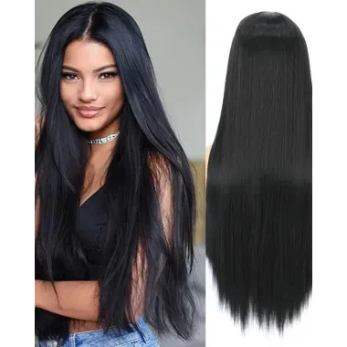 28 Inches Long Straight Lace Front Wig Synthetic Black Wig Glueless Lace Natural Looking Wigs