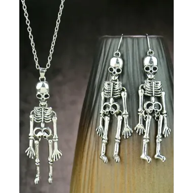 2PCS Halloween Skeleton Pendant Necklace & Hook Earrings Jewelry Set