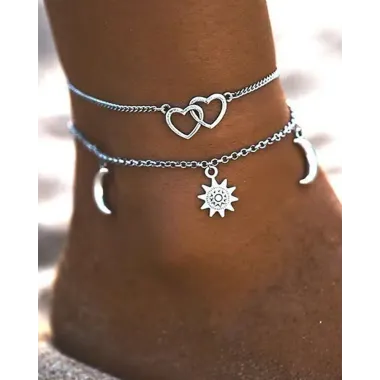 2pcs Double Heart Galaxy Moon Sun Pendant Anklets Set