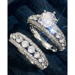 2pcs Geometric Rhinestone Zircon Wedding Party Couple Rings Set