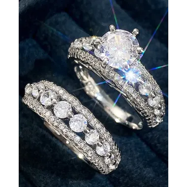 2pcs Geometric Rhinestone Zircon Wedding Party Couple Rings Set