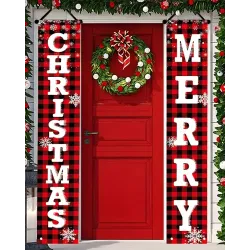 2pcs Merry Christmas Buffalo Plaid Hanging Banners Outside Door Porch Sign Decorations Set