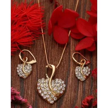 2pcs Rhinestone Heart Shaped Pendant Necklace & Earrings Jewelry Set