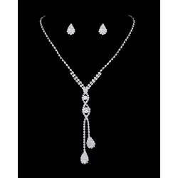 2pcs Rhinestone Teardrop Earrings & Tassel Pendant Necklace Wedding Bridal Jewelry Set