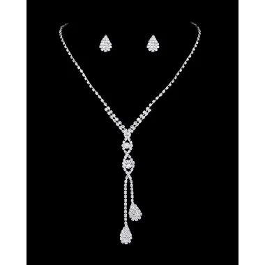 2pcs Rhinestone Teardrop Earrings & Tassel Pendant Necklace Wedding Bridal Jewelry Set