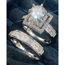 2pcs Square Rhinestone Zircon Wedding Couple Rings Set