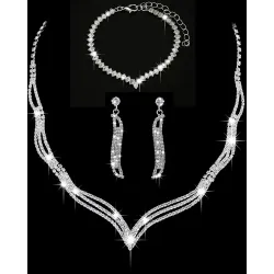 3PCS Rhinestone Hollow Out Chain Necklace & Drop Earrings & Bracelet Evening Party Wedding Jewelry Set