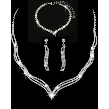 3PCS Rhinestone Hollow Out Chain Necklace & Drop Earrings & Bracelet Evening Party Wedding Jewelry Set