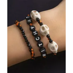 3pcs Halloween Stackable Beaded Skull Head Bracelets Set