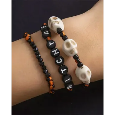 3pcs Halloween Stackable Beaded Skull Head Bracelets Set