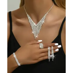 4PCS Tassel Design Rhinestone Pendant Necklace & Drop Earrings & Ring & Bracelet Wedding Jewelry Set