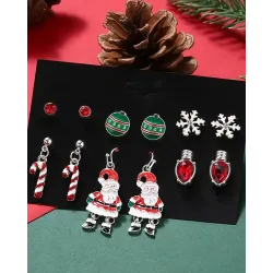 6Pairs Christmas Santa Claus Candy Cane Shaped Stud Hook Earrings Set