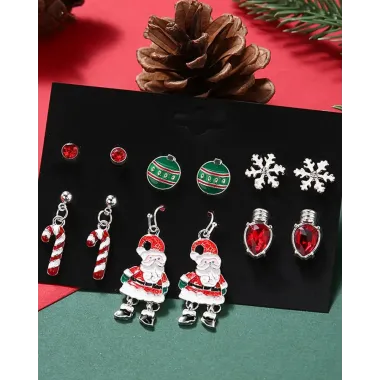 6Pairs Christmas Santa Claus Candy Cane Shaped Stud Hook Earrings Set