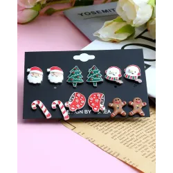 6Pairs Christmas Santa Clause Gingerbread Man Shaped Stud Earrings Set