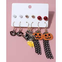 6Pairs Halloween Pumpkin Witch Cat Lip Pattern Dangle Earrings Set