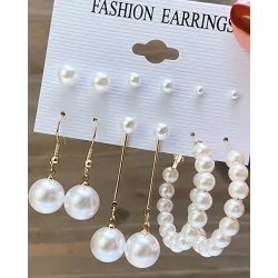 6Pairs Pearls Beaded Drop Hoop Droop Earrings Set