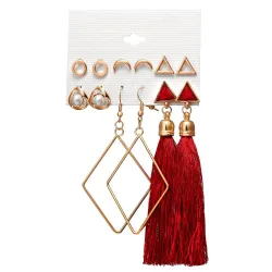 6 Pairs Beaded Hoop Tassel Ear Cuff Earring Set