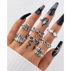 8pcs Halloween Skeleton Skull Heart Spider Web Rings Set