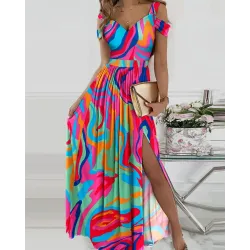 Abstract Print Cold Shoulder High Slit Maxi Dress