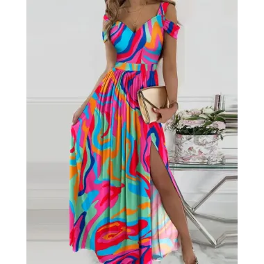 Abstract Print Cold Shoulder High Slit Maxi Dress