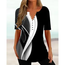 Abstract Print Colorblock Buttoned T-shirt